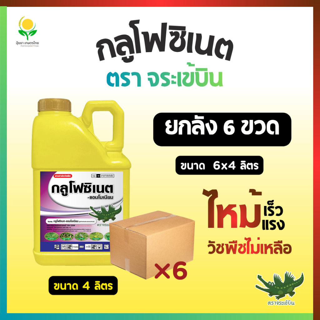 กลูโฟซิเนต กำจัดหญ้า ยกลัง ขวด 4 ลิตร ตราจระเข้บิน (น้ำทอง) (กลูโฟซิเนต-แอมโมเนียม 15%)