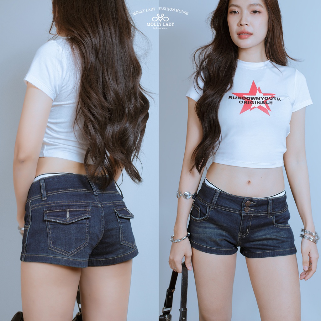 Molly Lady❤️  Jeans Shorts กางเกงยีนส์ขาสั้นเอวต่ำ สองกระดุม  ผ้ายีนส์แท้ Denim shorts