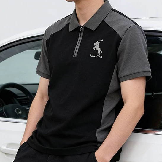 เสื้อโปโลผู้ชาย สีดำ/เทา มีปก มีซิป สไตล์สปอร์ต