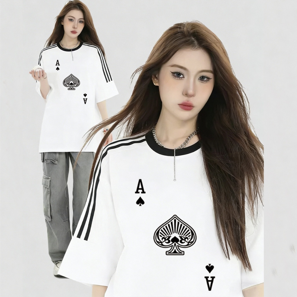 Q-616 เสื้อยืดโอเวอร์ไซส์ แขนสามแถบ แนวสตรีท สายเกาหลี