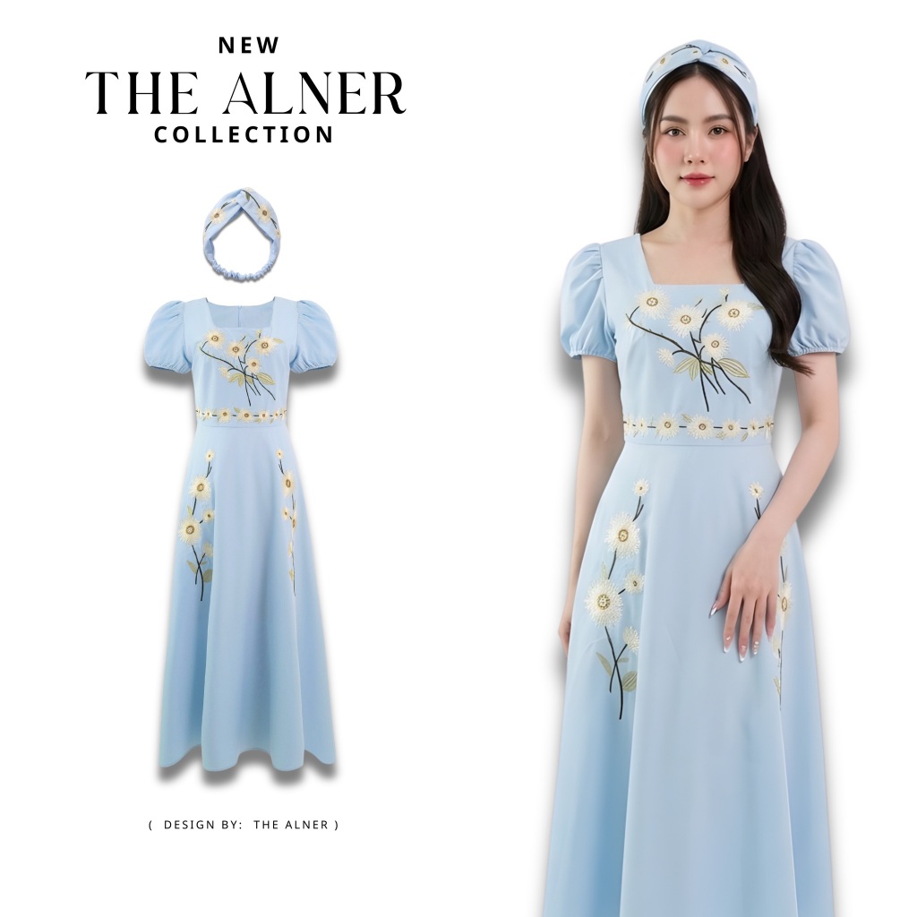 Thealner (เดรสคอปกปักดอกแขนตุ๊กตาแต่งดอกแดง)