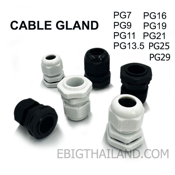 Cable gland เคเบิ้ลแกลนด์ สำหรับยึดสายไฟกับกล่อง มีสีขาวและดำ PG7 - PG29