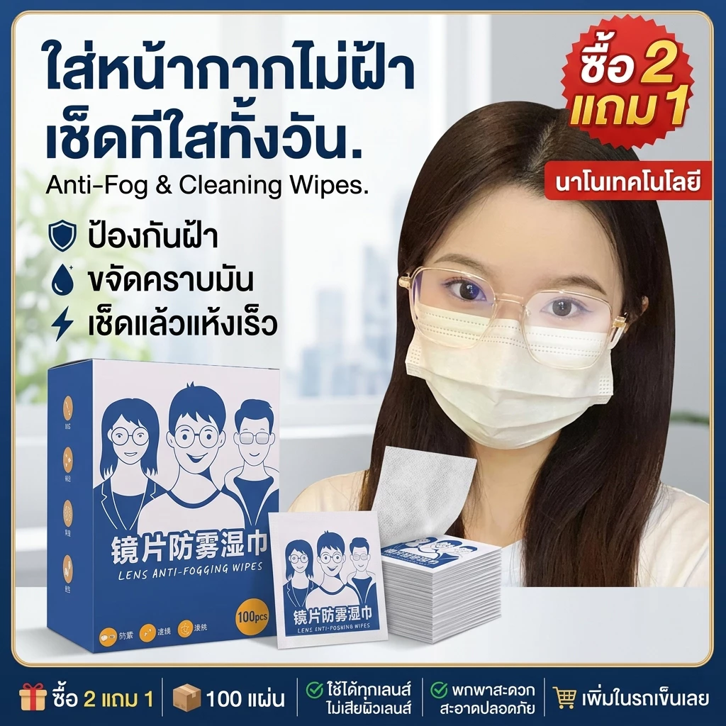 🎁[ซื้อ 2 แถม 1]แผ่นเช็ดแว่นตากันฝ้า100แผ่น แผ่นเช็ดเลนส์แว่น ผ้าเช็ดแว่นกันฝ้า เช็ดเลนส์ Anti Fog เช็ดโทรศัพท์ กระจก