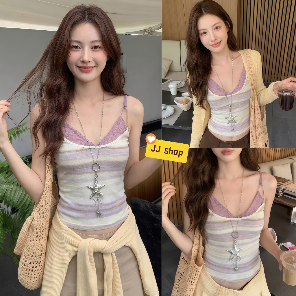 JJ Shop​ พร้อมส่ง เสื้อสายเดี่ยวลูกไม้แฟชั่นผู้หญิงแบบสองชิ้นปลอม ใส่สบาย ผ้า เซ็กซี่-FY895 – โปรปัง