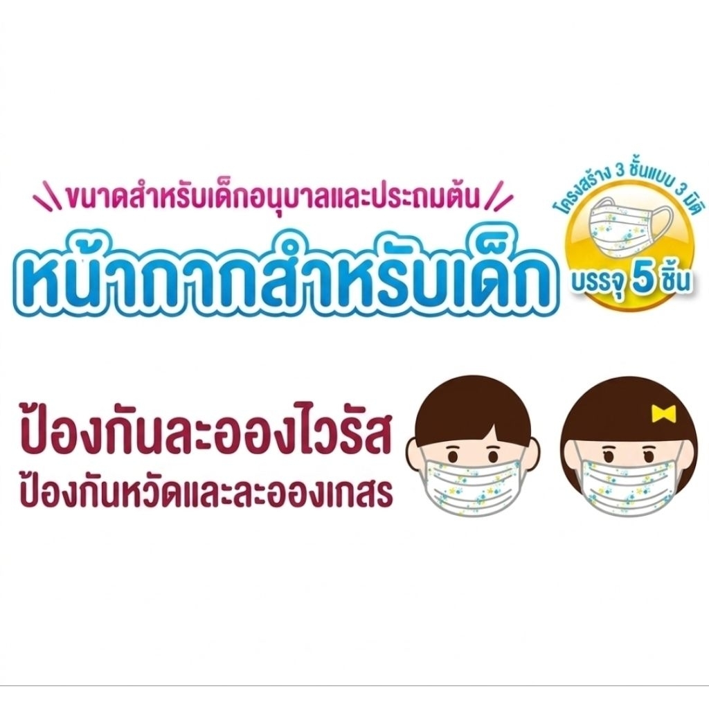 Kaneson Kids Mask หน้ากากเด็ก 3 ชั้น อนุบาลประถมต้น (5 ชิ้น) ไซซ์อนุบาล–ประถมต้น นุ่ม ไม่เจ็บหู ฟิลเตอร์ 99%