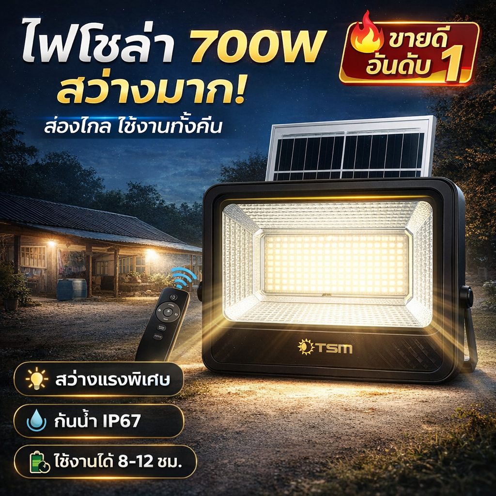 ไฟโซล่า 300W 400W 500W 700W สว่างมาก ไฟสปอร์ตไลท์โซลาร์เซลล์ กันน้ำ IP67 ใช้ได้ทั้งคืน พร้อมรีโมท