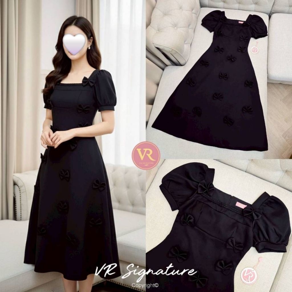 (S-XL)   VR   ✅พร้อมส่งเดรสยาวแขนพองคอเหลี่ยมแต่งกุ๊นขอบเปียช่วงอกแต่งโบว์3Dเล็กๆกระจายทั้งชุดอกมีฟอ