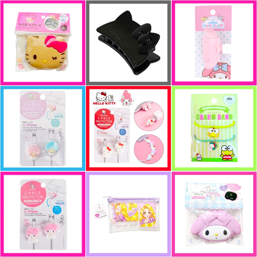 ❤️ แท้ 100% ถนอมสายชาร์จ Sanrio 💖 กิ๊บ กระเป๋า แก้ว ปากกา ขนตาปลอม ยางมัดผม หวี กระดาษซับมัน กล่อง ซ