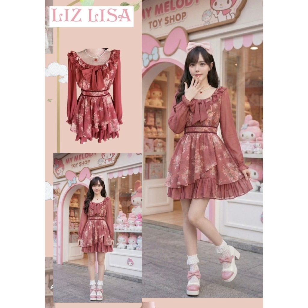 Set up แบรนด์  Lizlisa สีแดงเลือดหมู ลายดอกไม้ ด้านหลังสายไขว้ น่ารักมากๆ สายแบ๊วควรมีไว้ครอบครอง😘💕แ