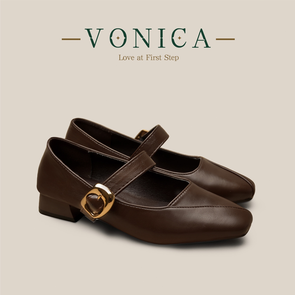 VONICA เกาหลี รองเท้าส้นสูงผู้หญิง Mary Jane แฟชั่น Retro สไตล์ One-line Buckle Square Toe รองเท้า