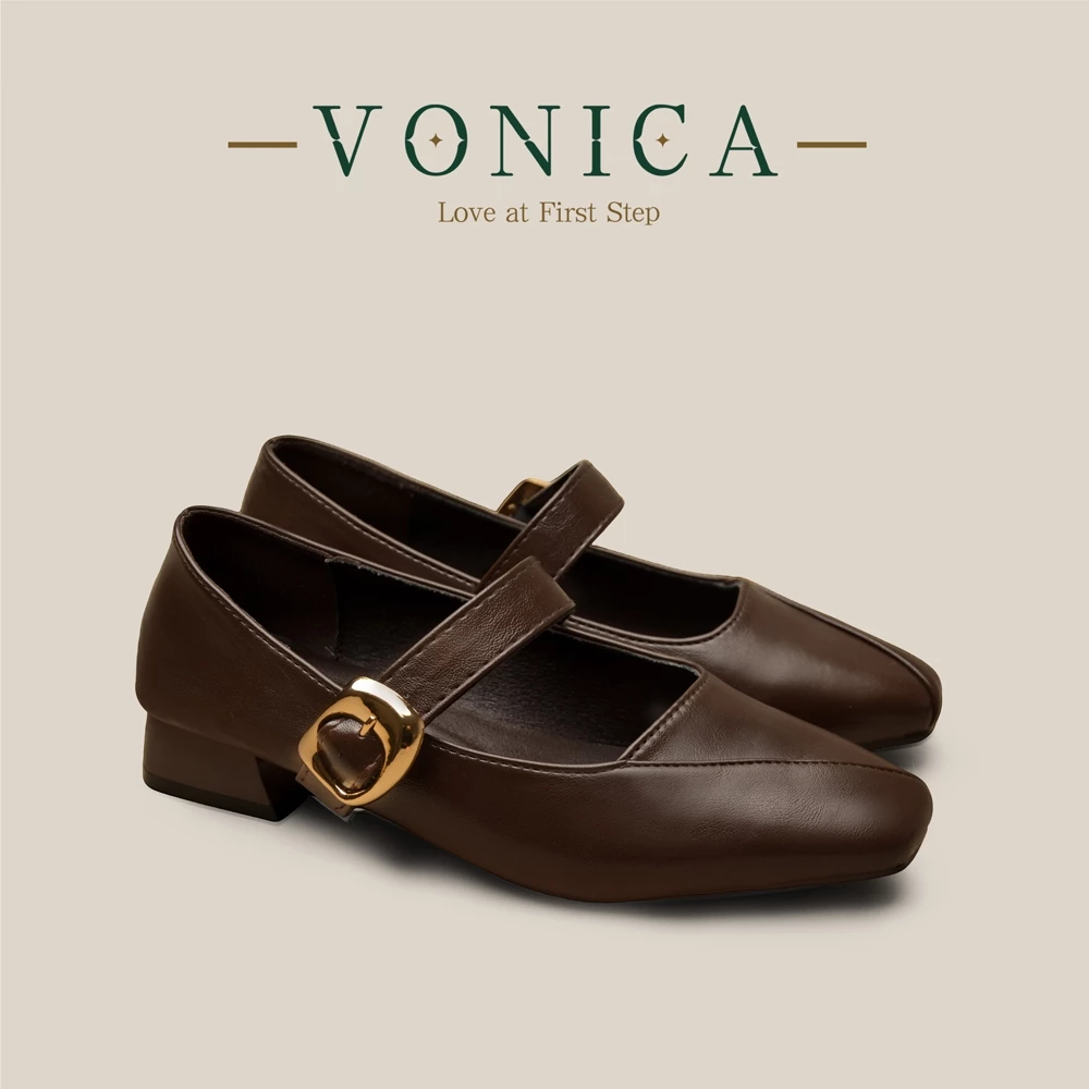 VONICA เกาหลี รองเท้าส้นสูงผู้หญิง Mary Jane แฟชั่น Retro สไตล์ One-line Buckle Square Toe รองเท้า