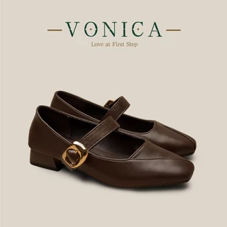 VONICA เกาหลี รองเท้าส้นสูงผู้หญิง Mary Jane แฟชั่น Retro สไตล์ One-line Buckle Square Toe รองเท้า