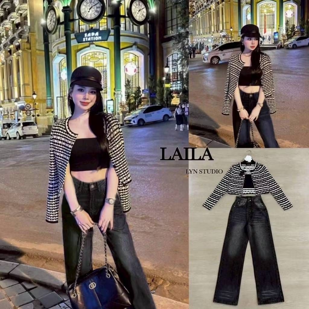 S M L มือ1 LAILA ชุดเซ็ตเสื้อครอปแขนยาวลายริ้ว+เสื้อเกาะอกยืด มาพร้อมกางเกงยีนส์ขายาว ใส่สวยสุดๆ ป้าย LAILA