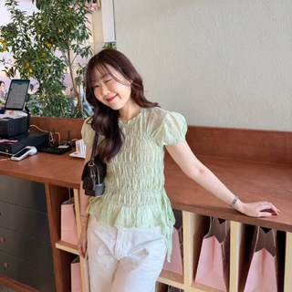 (ผ้าลายใหม่)Wendy top🌬️Chakiya.store❣️เสื้อคอกลม สม็อคช่วงตัว แต่งโบว์ผูกช่วงเอว