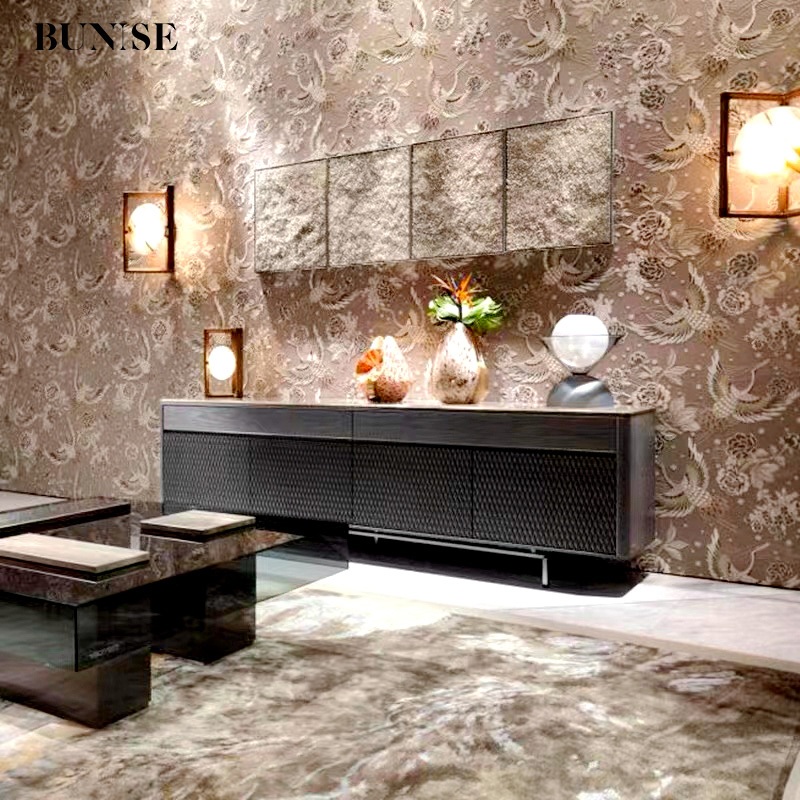 BUNISE BG1205 Real Wood TV Cabinet Synthetic Stone Top Stainless Steel Frame Italian Luxury TV Stand