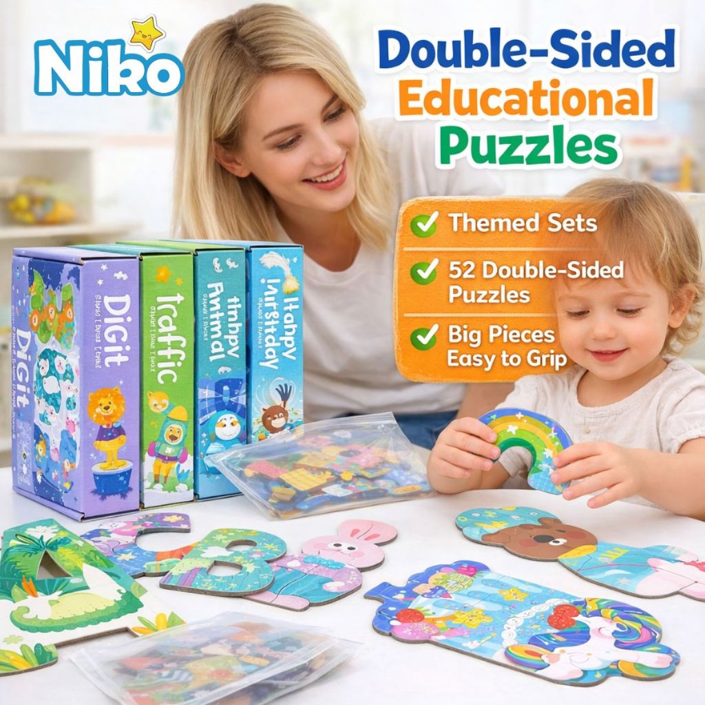 Niko จิ๊กซอว์เด็ก 2 หน้า ของเล่นเสริมพัฒนาการ พัซเซิลชิ้นใหญ่ จับง่าย มี 5 แบบ A-Z ตัวเลข สัตว์ ยานพาหนะ วันเกิด
