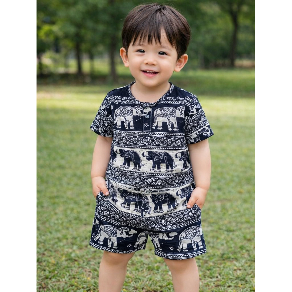 ชุดเด็กคอกลมโปโลลายช้างเนื้อผ้าสปันนิ่มทางร้าน(คละลาย)ใหันะคะ