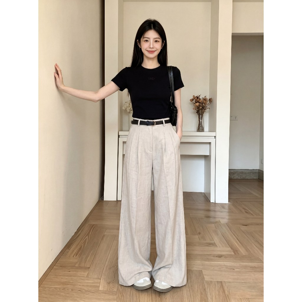 กางเกงกระบอกใหญ่ แต่งจีบ ผ้าสโนว์สลาฟ ใส่เเล้วดูผอม ใส่ทำงาน ระบายอากาศดี รูปที่ 2