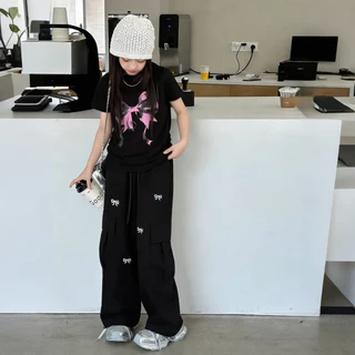 PRINCESS KESLI ชุดเซ็ตเด็ก เสื้อยืดเด็กผู้หญิง+กางเกงขากว้าง สไตล์เกาหลี ทรงหลวม แฟชั่นฤดูร้อน 4-18 ปี