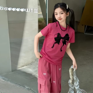 PRINCESS KESLI ชุดเซ็ตเด็ก เสื้อยืดเด็กผู้หญิง+กางเกงขากว้าง สไตล์เกาหลี ทรงหลวม แฟชั่นฤดูร้อน 4-18 ปี