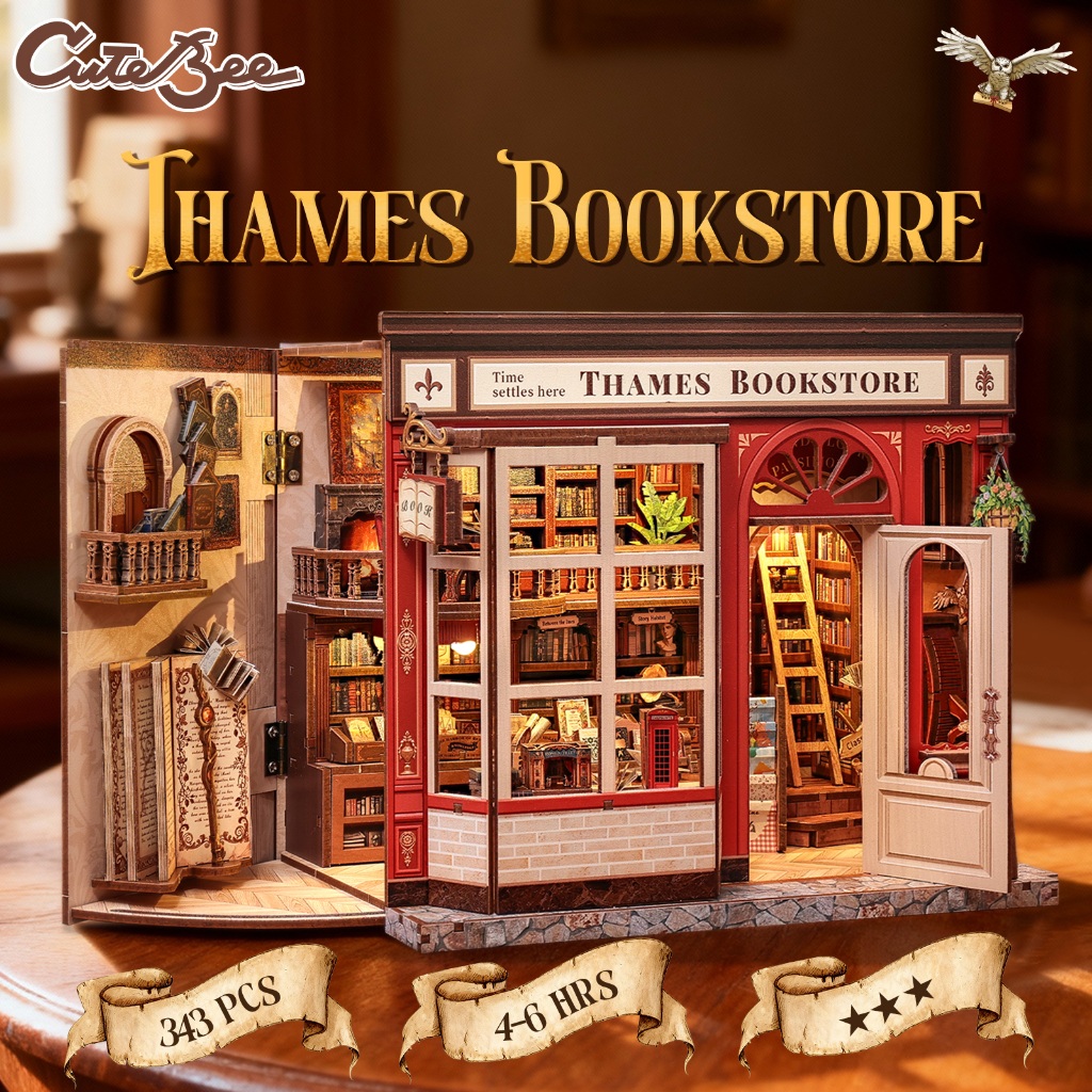 CUTEBEE CWGB405 บ้านตุ๊กตา DIY ร้านหนังสือเทมส์ บ้านของเล่น Dollhouse ของขวัญวันเกิด