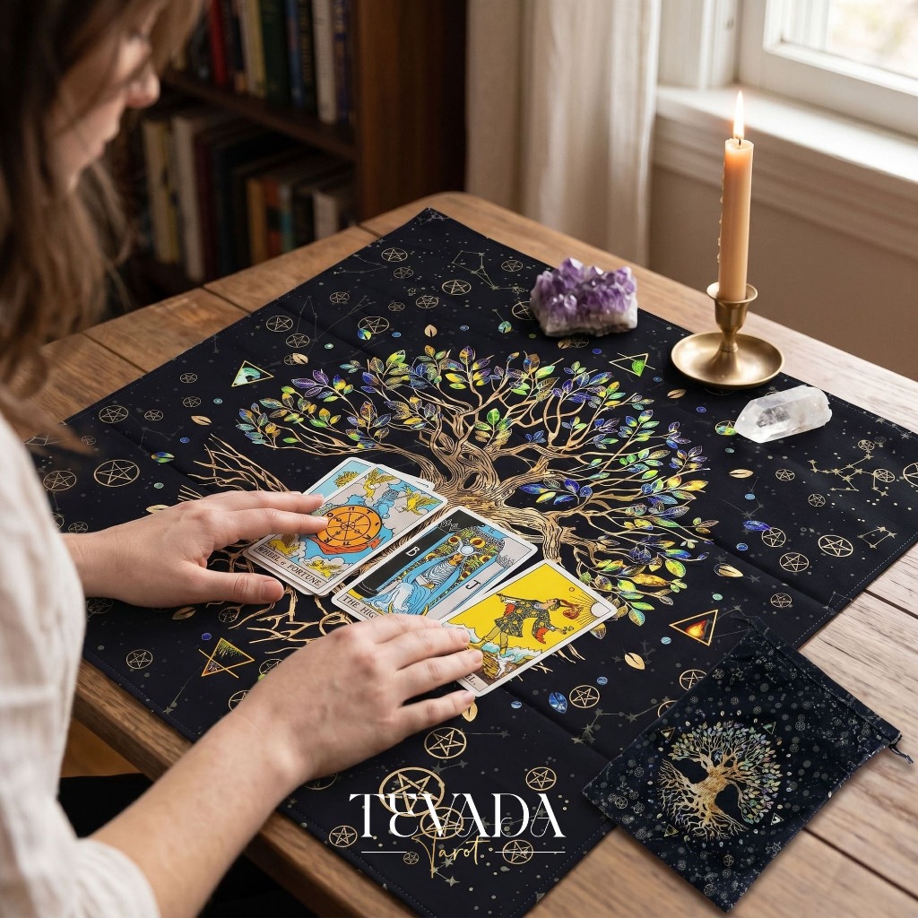ผ้ารองสับไพ่ พร้อมถุงผ้า ผ้าปูโต๊ะดูดวง ผ้ากำมะหยี่ The Tree of Life Altar Cloth & Tarot Pouch สายมู พร้อมส่ง