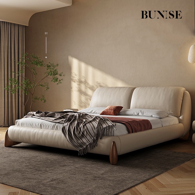 BUNISE H2040 Wabi-Sabi Genuine Leather Bed Italian Minimalist Real Wood Base Wedding Bed for Master 