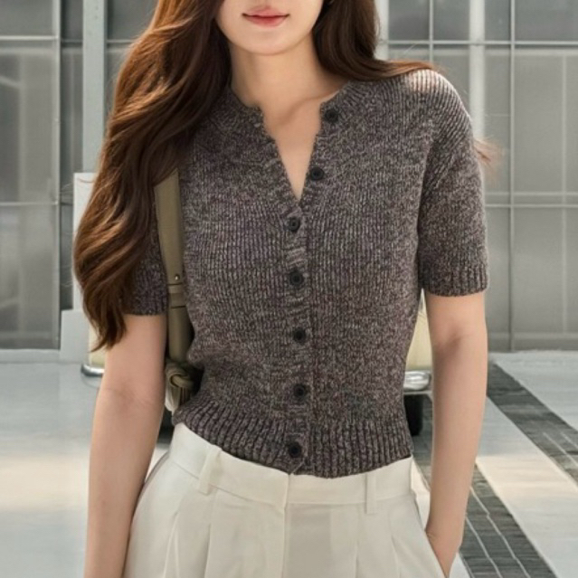 KATHLEEN เสื้อคาร์ดิแกนแขนสั้นผู้หญิงกระดุมผ่าหน้า