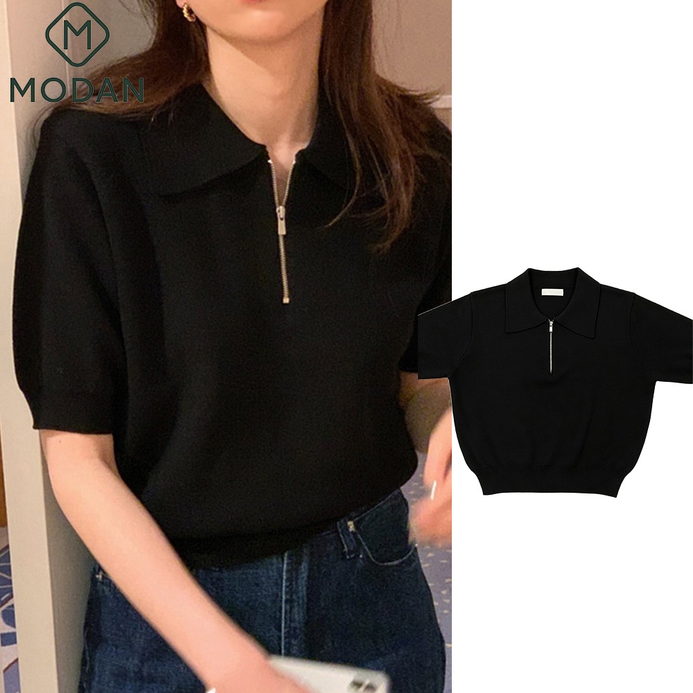 【modan】COD เสื้อยืดแขนสั้นคอโปโลสำหรับผู้หญิง สไตล์ฤดูร้อน เสื้อถักคอซิปเรียบง่าย ใส่ได้หลายโอกาส