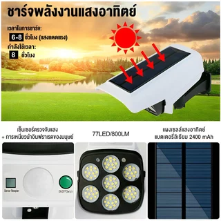 ไฟโซล่าเซลล์พร้อมกล้องวงจรปิดปลอม 2-in-1 77LED ขนาดกะทัดรัด ตรวจจับการเคลื่อนไหว PIR 3 โหมดแสง (ไฟแดงกระพริมตลอด) กันน้ำ