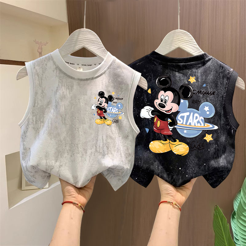 พร้อมส่ง ส่งจากไทย COD ผ้าฝ้าย100% เสื้อกล้ามเด็ก Disney Mickey ลวดลายการ์ตูน มัดย้อม เสื้อกั๊ก แฟชั่น นุ่มสบาย 3-12ปี