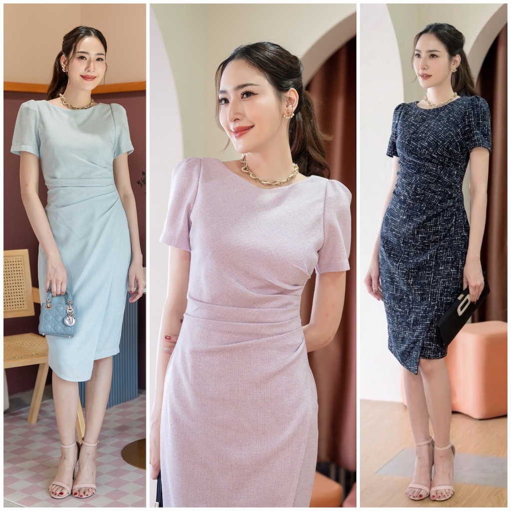 PD295 Tweed Dress เดรสผ้าชาแนล คอปาด แขนสั้น ชุดเข้ารูปทรงสอบ