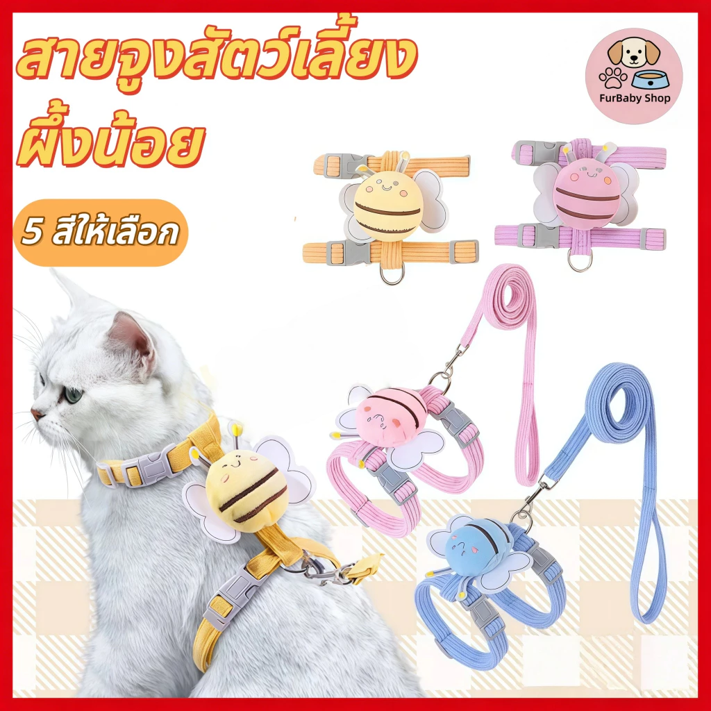 【FurBaby】 พร้อมส่ง COD ชุดสายจูงแมว รูปร่างผึ้ง สายรัดอกสัตว์เลี้ยง กระต่าย หมาเล็ก ปรับสายได้ นุ่มใส่สบาย ใช้งาน