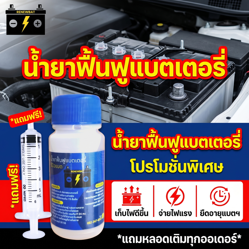 Renewbat น้ำยาฟื้นฟูแบตรถยนต์ ช่วยดูแลแบตเตอรี่ เหมาะสำหรับแบตเก่า #88