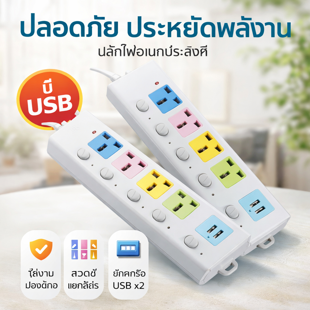 รางปลั๊กไฟอเนกประสงค์ 4 ช่อง USB พร้อมสายยาว เลือกใช้งานได้ทุกมุมบ้าน
