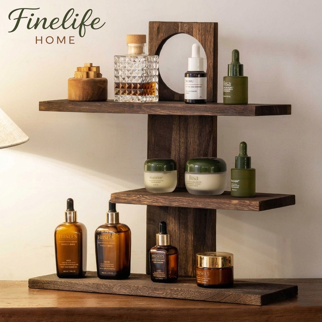 Finelife ที่เก็บของไม้แท้ 3 ชั้น ชั้นวางของตกแต่งบ้านเรียบง่าย ชั้นวางแก้วกาแฟและโมเดล จัดระเบียบโต๊ะให้สวย ☕