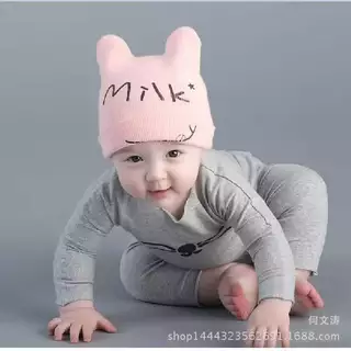 ไหมพรมหมวกMILKเด็กน่ารักมี4สีไหมพรมยืดนิ่ม หมวกมีหูตั้ง