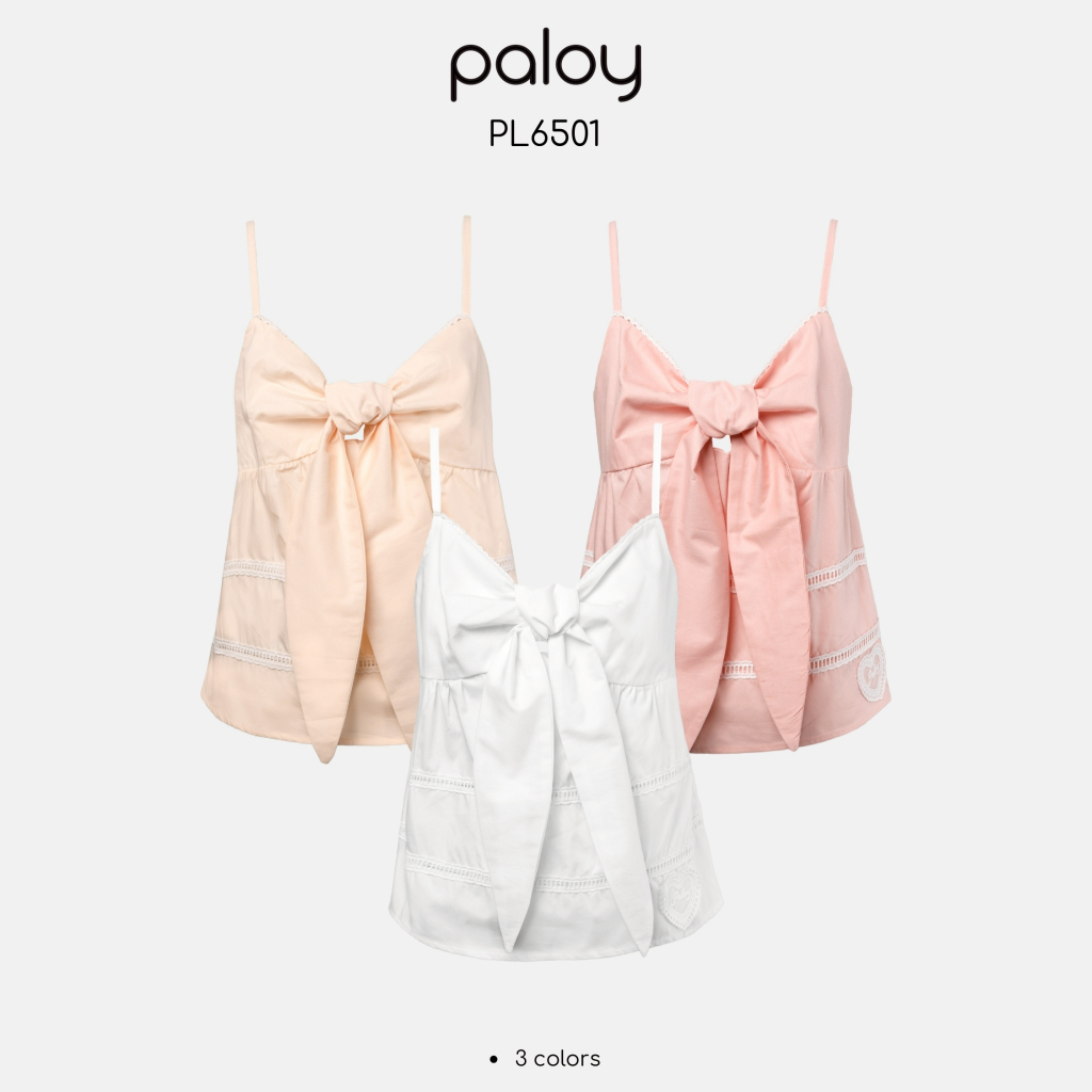 Paloy - PL6501 เสื้อสายเดี่ยว ผูกโบว์หน้า ปักหัวใจลูกไม้ Paloy
