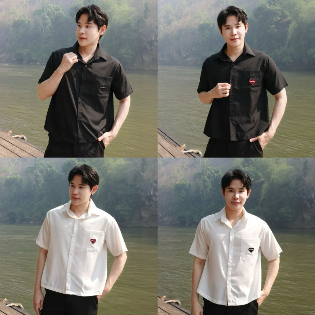 S22: เสื้อเชิ้ตแขนสั้น ปักหัวใจ ทรงครอป Boxy สีพื้น ใส่ได้ทั้งผู้ชายและผู้หญิง
