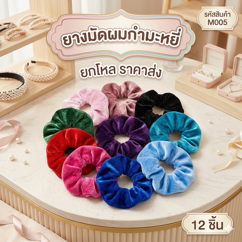 โดนัทรัดผม ผ้ากำมะหยี่ สำหรับผู้หญิง 12 ชิ้น คละสี M005