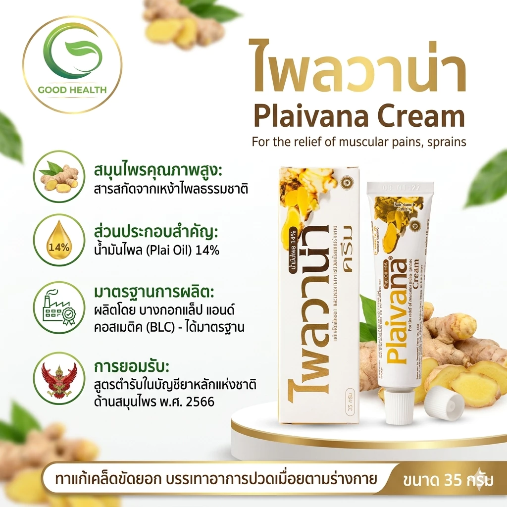 ไพลวาน่าครีม Plaivana Cream ขนาด 35 กรัม น้ำมันไพล 14% แก้ปวดเมื่อย เคล็ดขัดยอก และ office syndrome #ไพลวาน่า #Plaivana