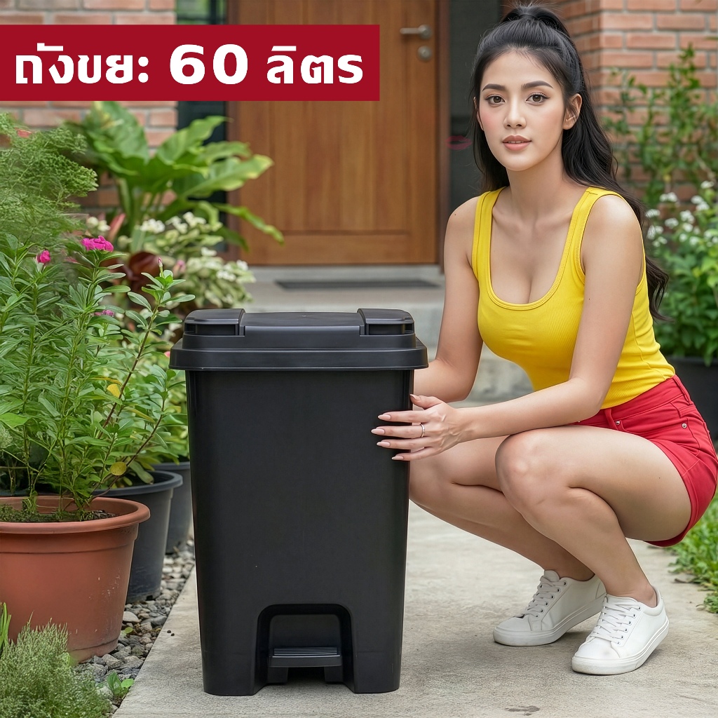 ถังขยะ 60 ลิตร (เพิ่มล้อ+ที่เหยียบได้) ฝาเปิด-ปิด ทนทาน ใบใหญ่ ถังขยะ - 0330