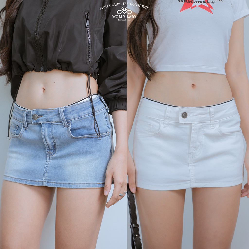 Molly lady ❤️ PIXIE Jeans Skort -กระโปรงกางเกงยีนส์ มินิสเกิร์ตเอวต่ำ สีขาว/ยีนส์