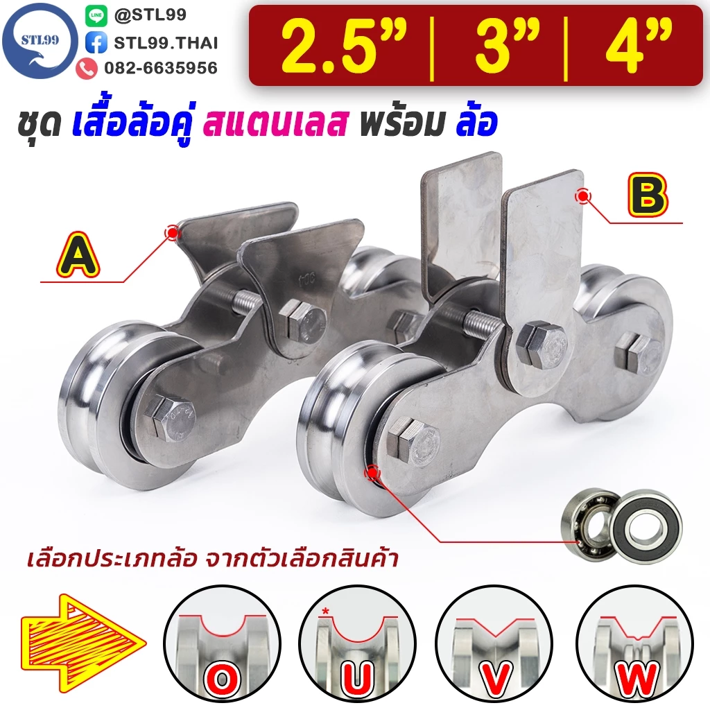 ชุด ล้อคู่สแตนเลส พร้อมล้อ | รางประตูเลื่อน เลือกขาล้อ Type A / B | ล้อ O U V W | ขนาด 2.5" | 3" | 4" เสื้อล้อคู่สแตนเลส