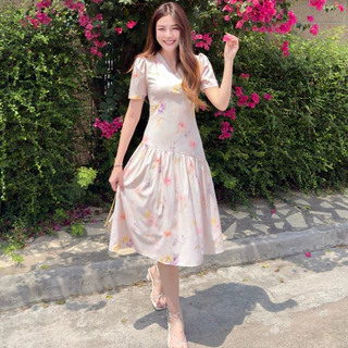 🪻✨Violet Dress เดรสทรงกระโปรงย่น เดรสออกงาน ลายดอกไม้ (ตัดสั้นได้ ระบุในหมายเหตุ)