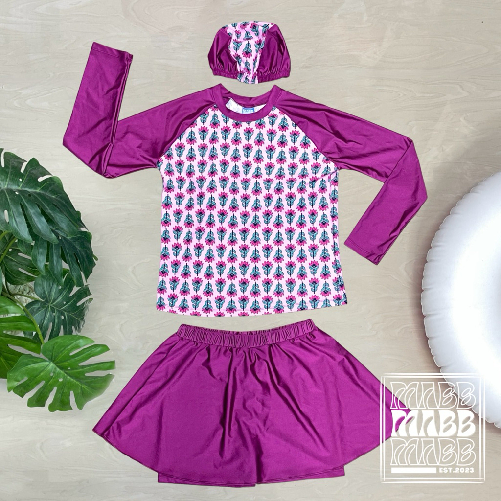 New! MABB - Pink Petal Swimwear ชุดว่ายน้ำแขนยาว กระโปรงกางเกง เซ็ต 3 ชิ้น ชุดว่ายน้ำสาวอวบ มีไซส์ใหญ่