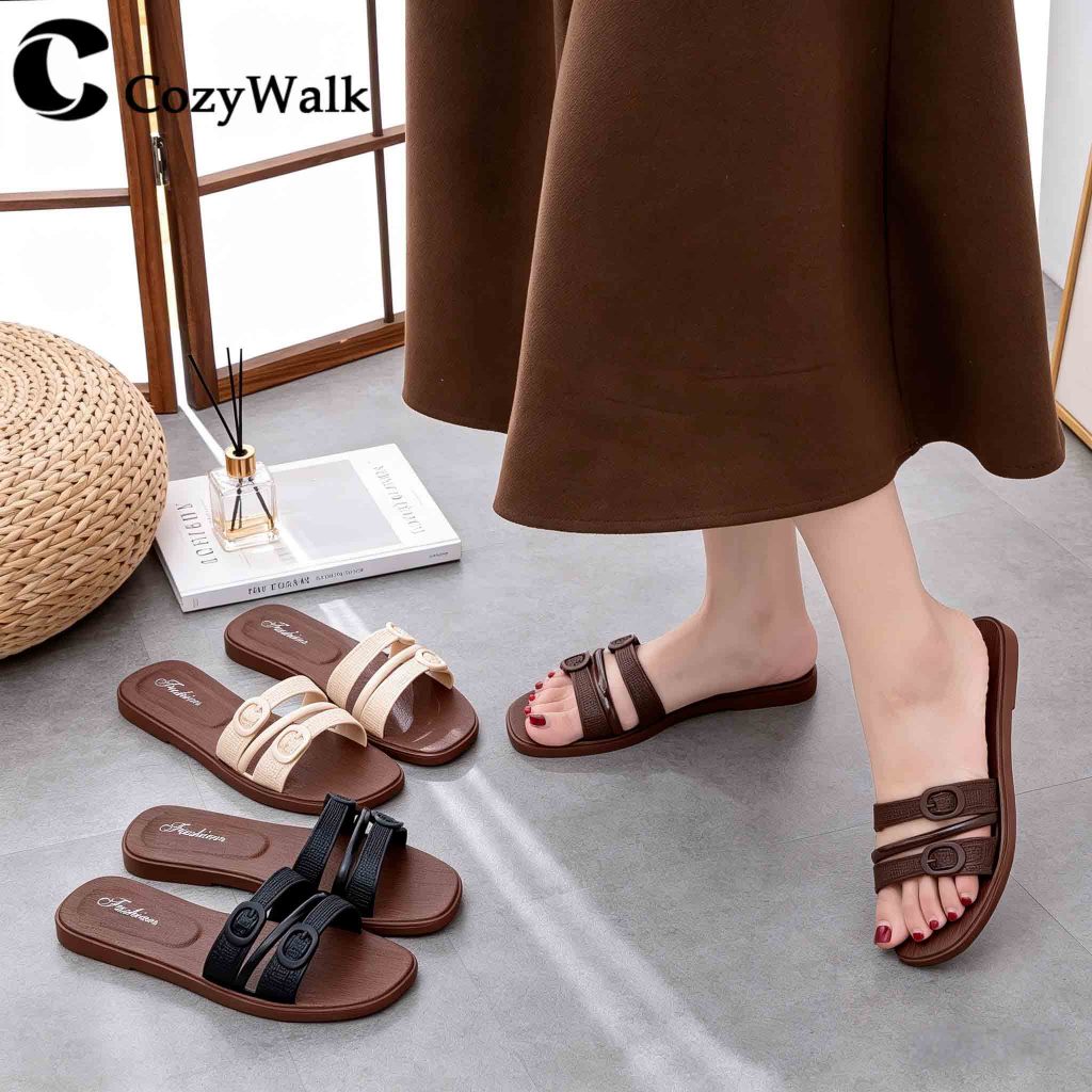 CozyWalk พร้อมส่งในไทย รองเท้าแตะผู้หญิงแบบสวม พื้นนุ่ม กันลื่น สไตล์มินิมอล สีดำ/สีครีม ใส่สบาย 👡✨