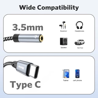 MEEGOO สายแปลงเสียง Type-C เป็น 3.5mm 15ซม รองรับโทรศัพท์/แท็บเล็ต ไม่มีเสียงรบกวน สายถักไนล่อนทนทาน
