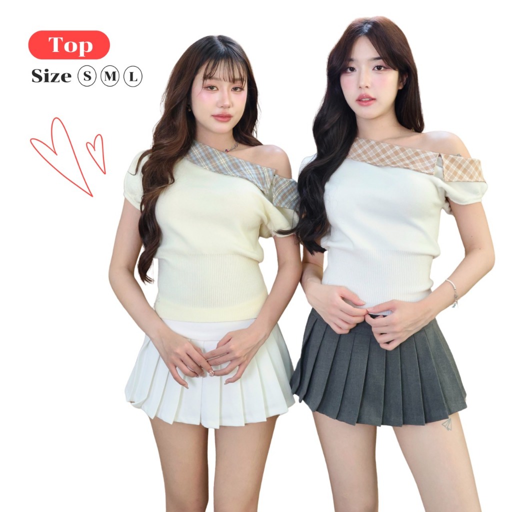 JARINYA (S-L) เสื้อไหมพรมปาดไหล่แขนสั้น แต่งคอปกลายสก็อต