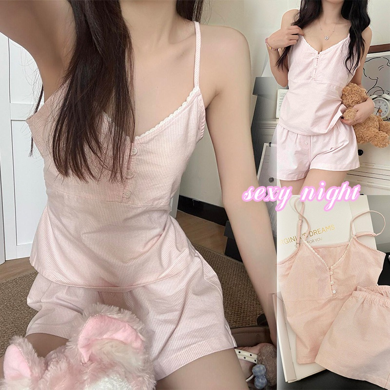 SexyNight💮💮ลายเส้น สีชมพู สลิง ชุดนอน หวาน กางเกงนอน ชุดสองชิ้น ฤดูร้อน สไตล์เกาหลี ชุดอยู่บ้าน สาว ส่งเร็ว